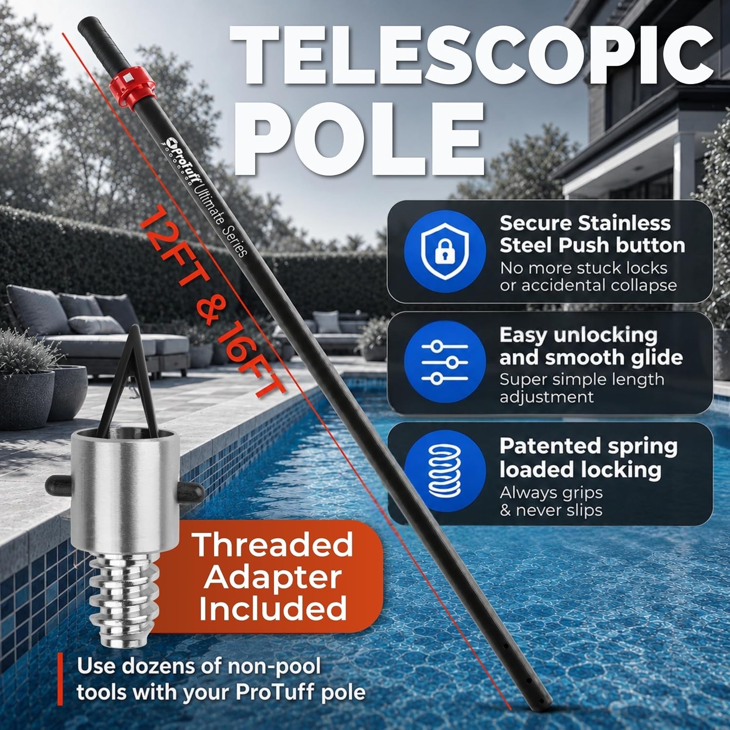 ProTuff 16ft Telescopic Pool Pole – Heavy Duty Aluminum