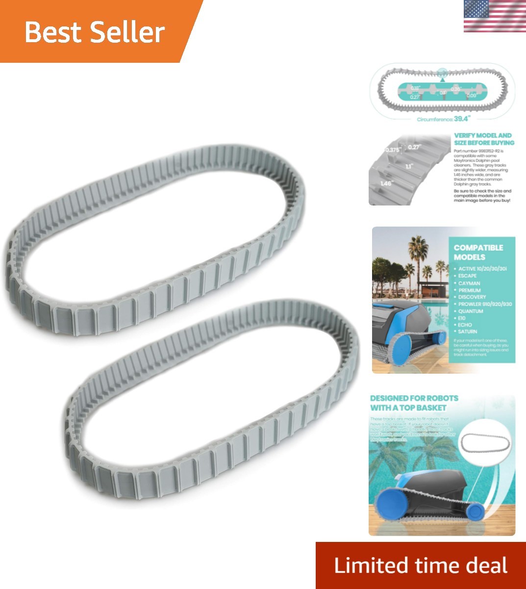 2 Pack Replacement Gray Tracks for Maytronics Dolphin Pool Cleaners, 9983152-R2
