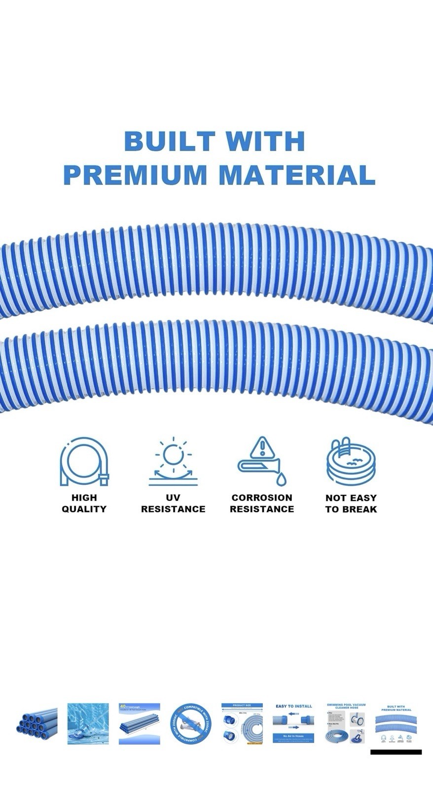 Pool Vacuum Hose 40 Feet (12 x 40 Inch), 1.5 Inch Cuffs, Compatible with Most