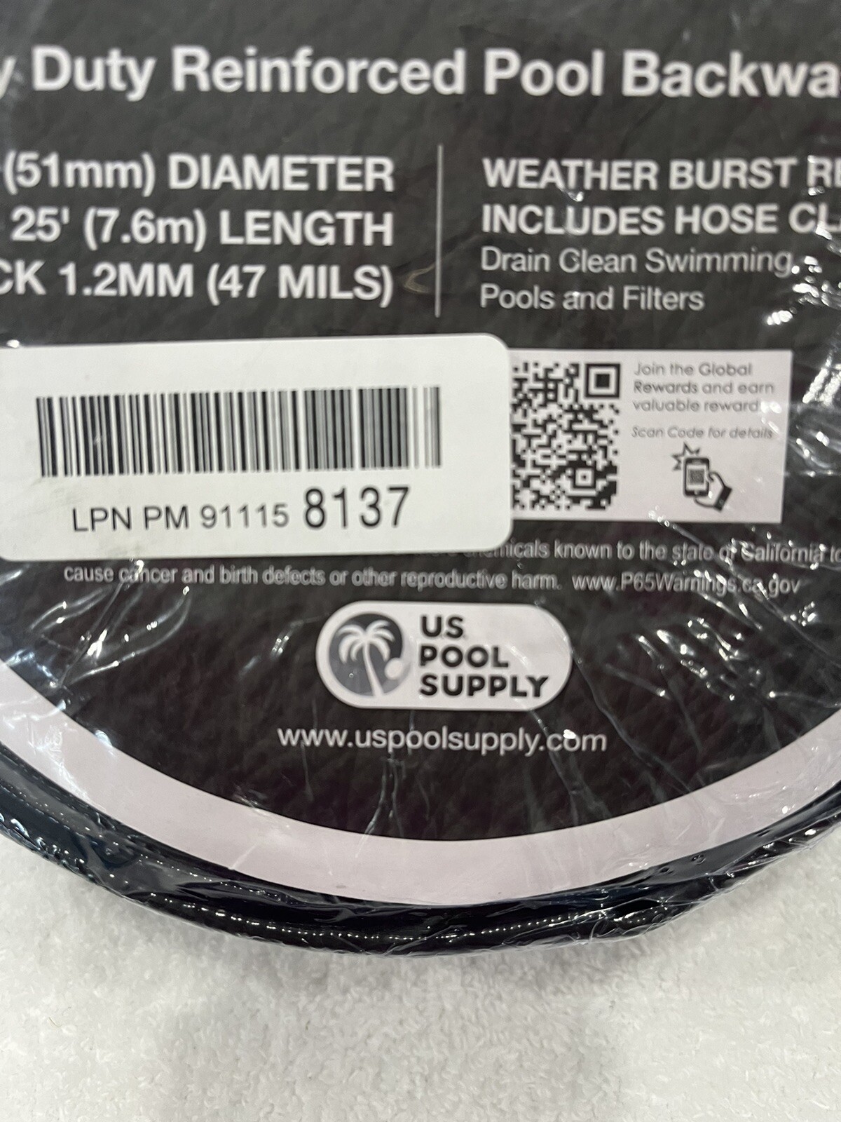 Pool Backwash Hose Black Rhino 2”x 25’ Heavy Duty Reinforced w Clamp Brand New!