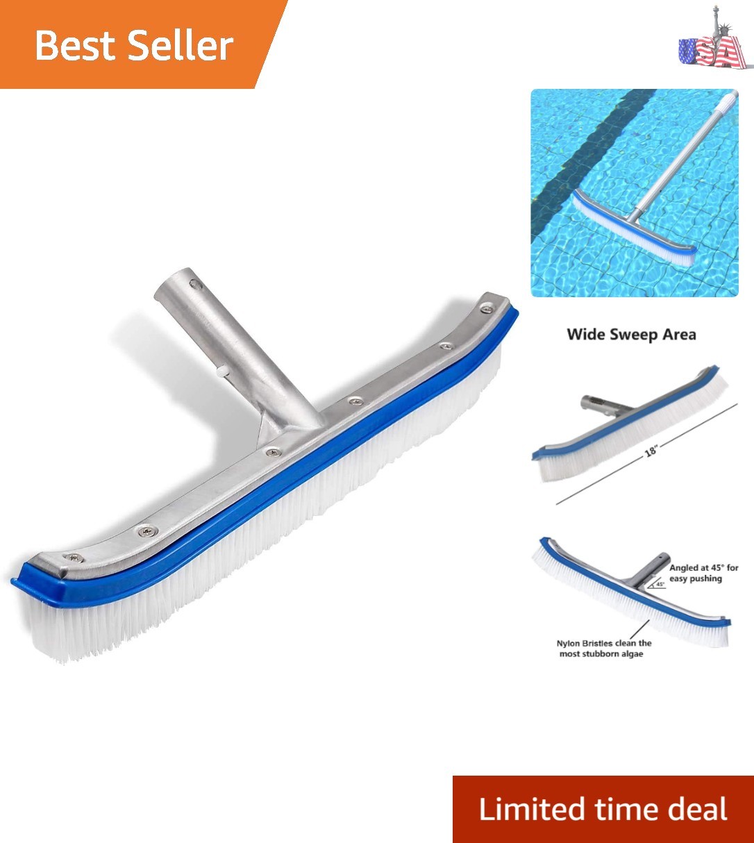 Swimming Pool Wall & Tile Brush,18&Prime; Heavy Duty Vinyl Polished Aluminum Back C…