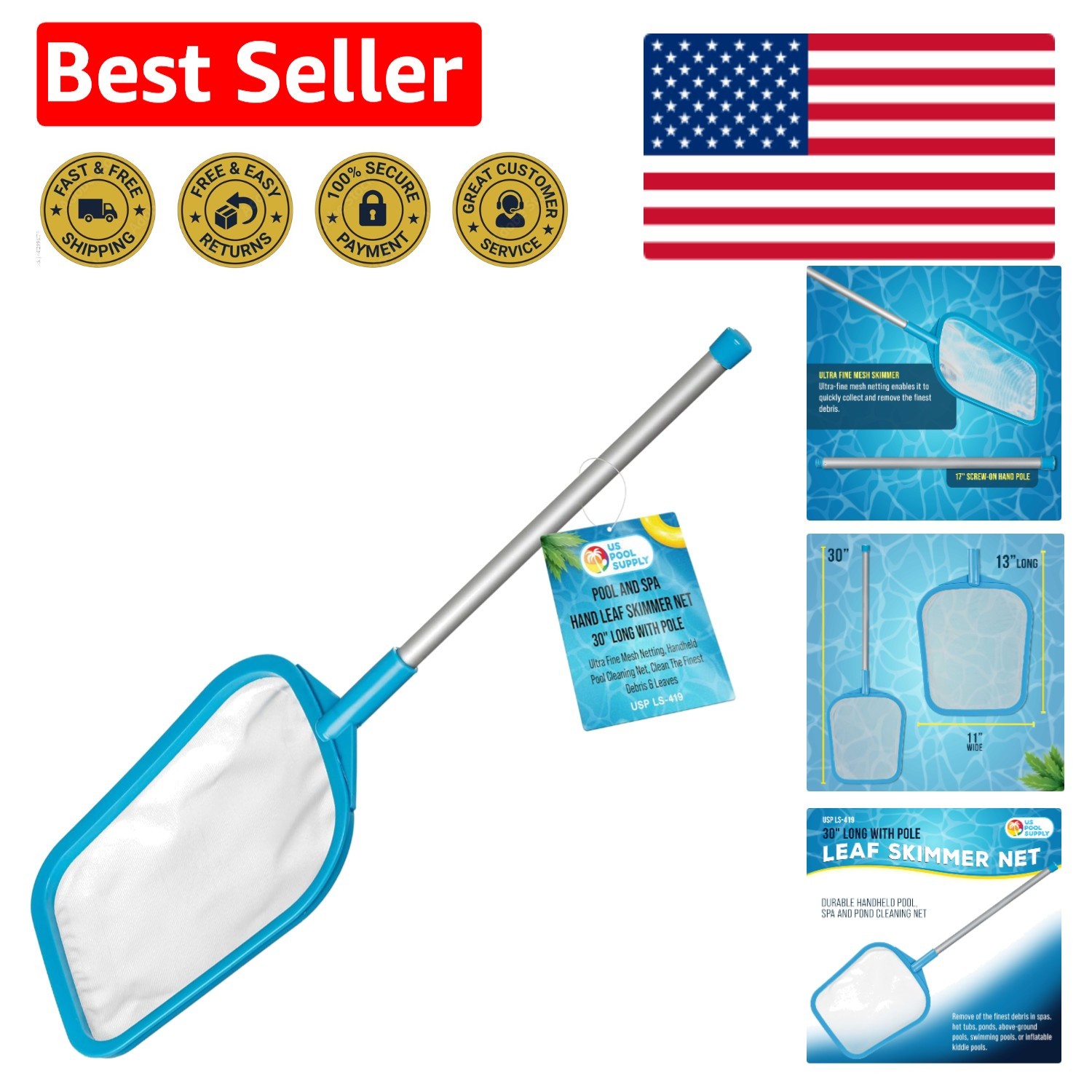 Teal Blue Ultra-Fine Pool Skimmer with Lightweight 17