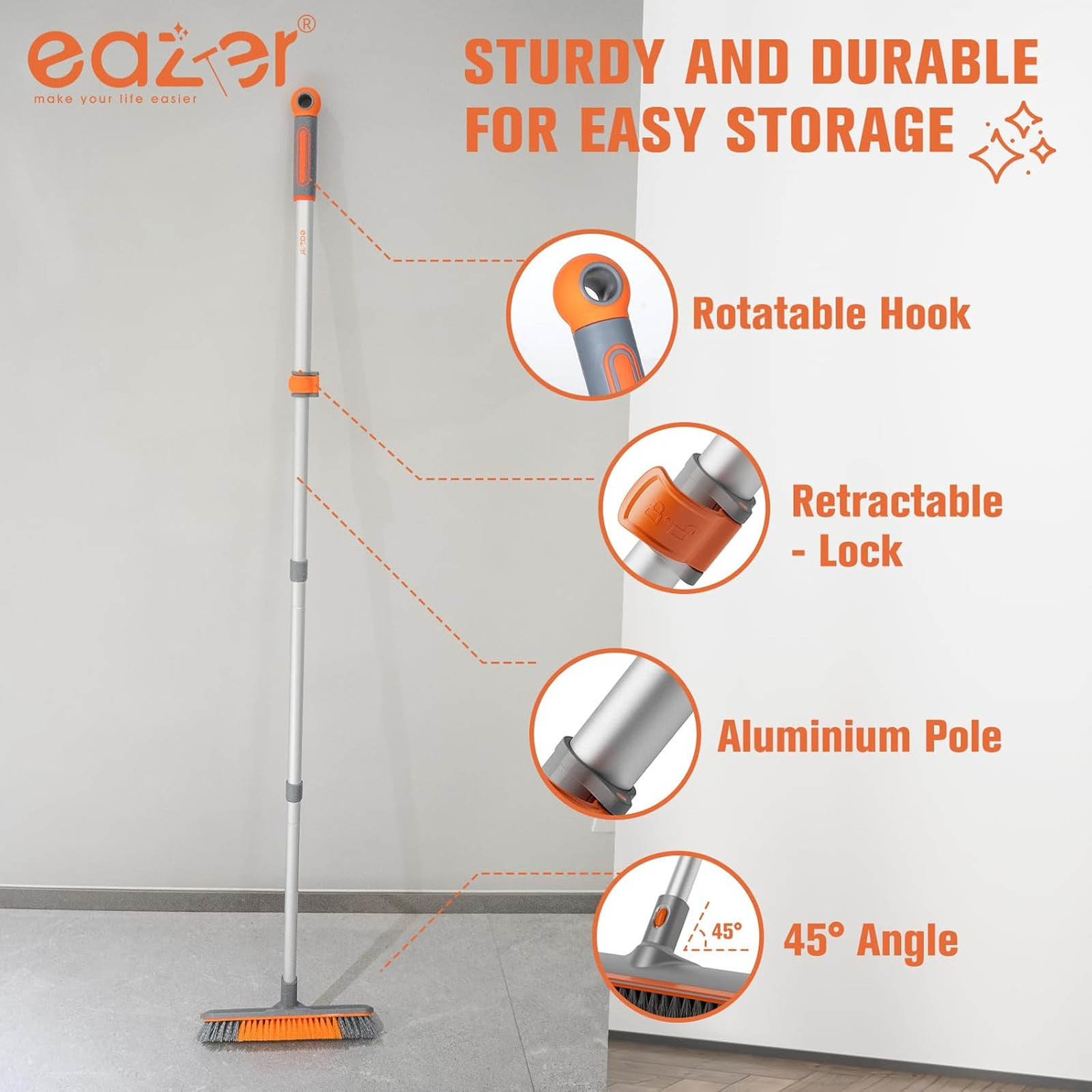 Floor Scrub Brush with Long Handle, 12 Inch Wide Soft Hard Bristles, Tile