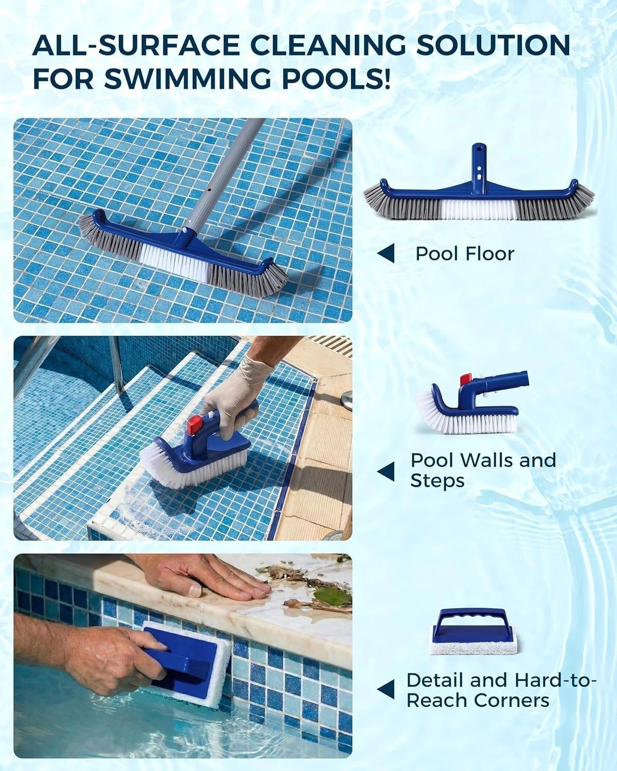 17.5” 3-in-1 Pool Brush Set: Sponge, Scrubber, Rotatable for Efficient Cleaning
