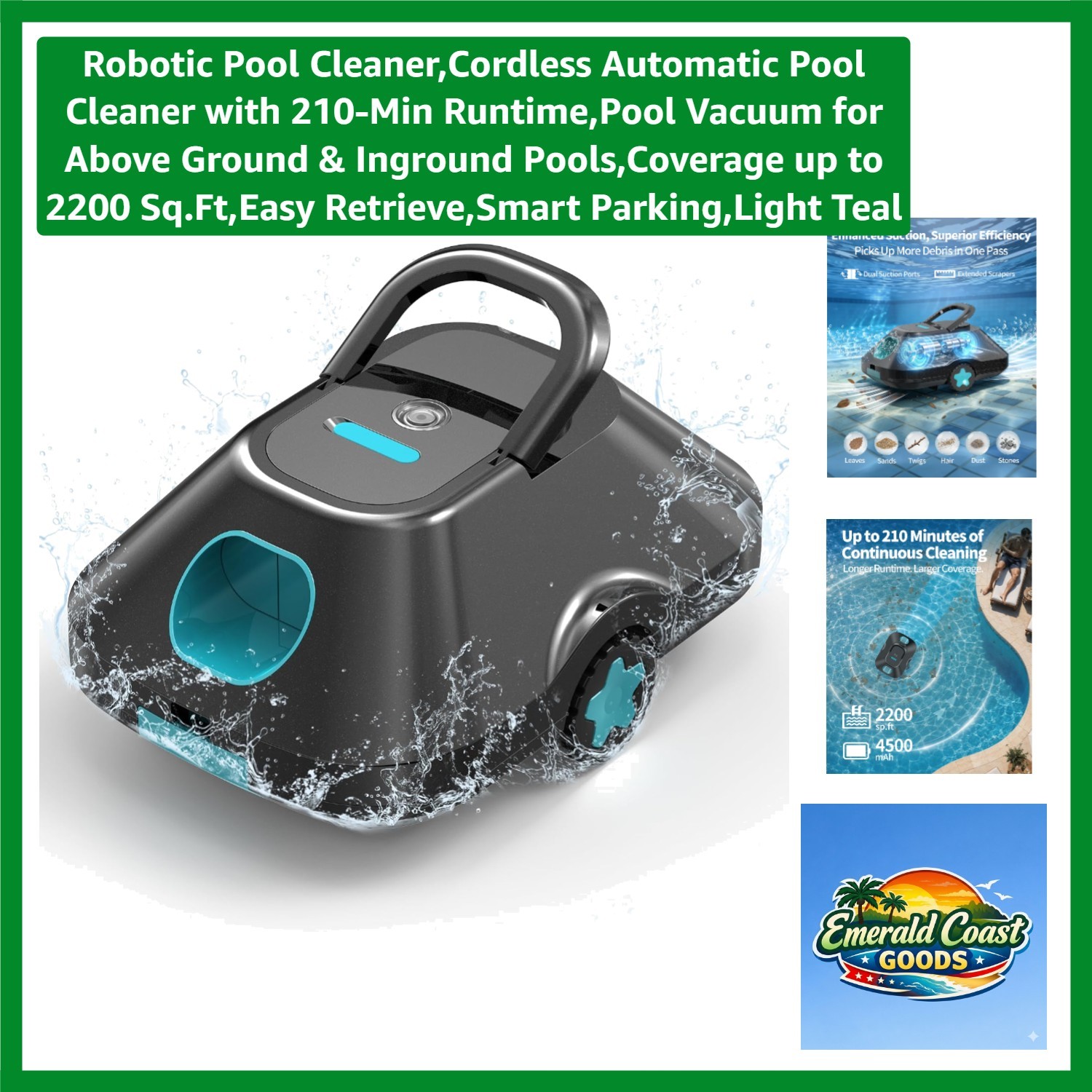 Light Teal Robotic Pool Cleaner for Above & Inground Pools – 180μm Filtration