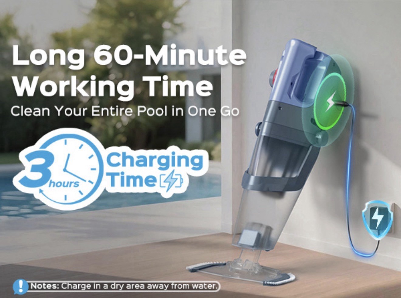 Cordless Handheld Pool Vacuum Cleaner with Telescopic Pole, 26.5 GPM Powerful Su