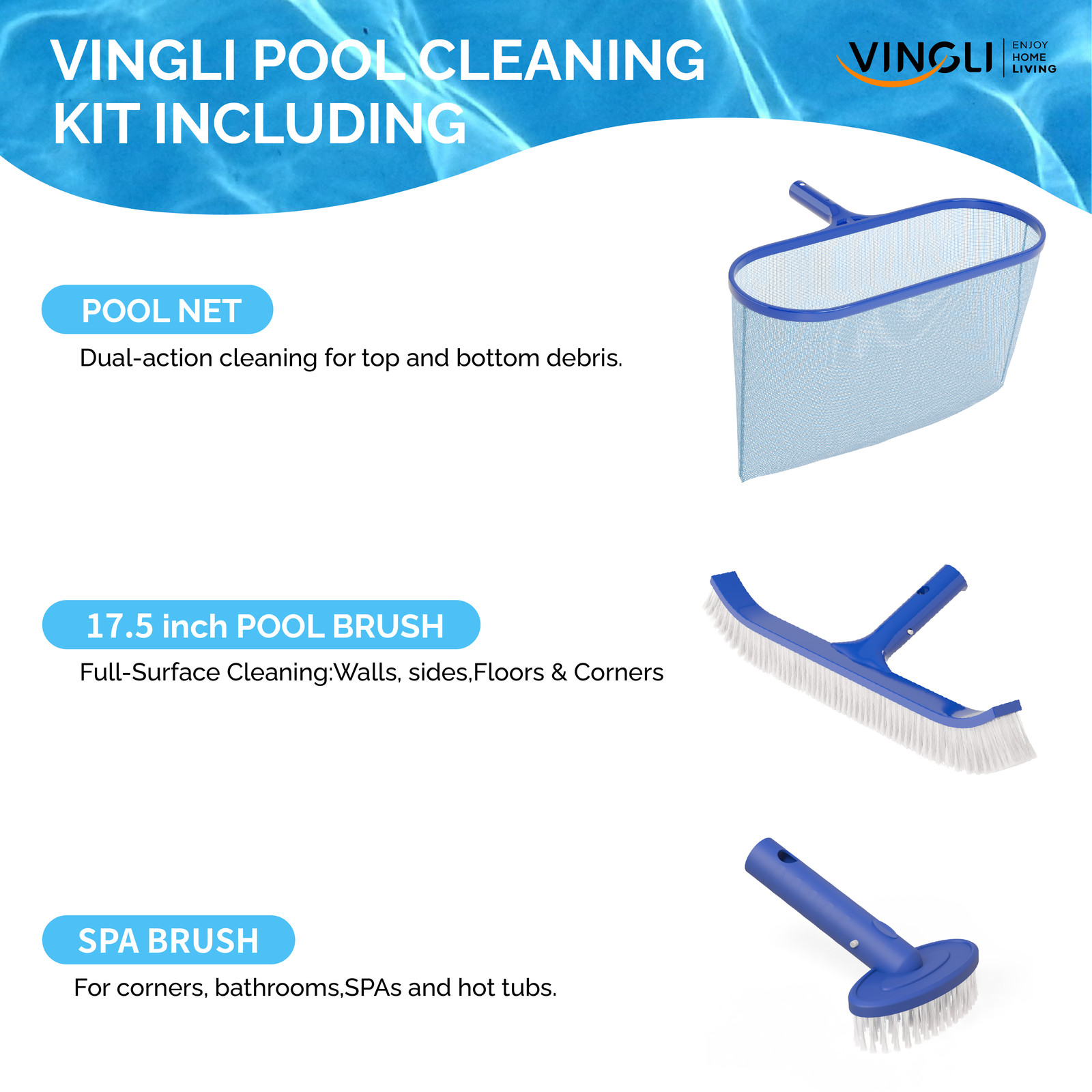 Outdoor Portable 3 Piece Swimming Pool Cleaning Maintenance Kit with Net, Brush