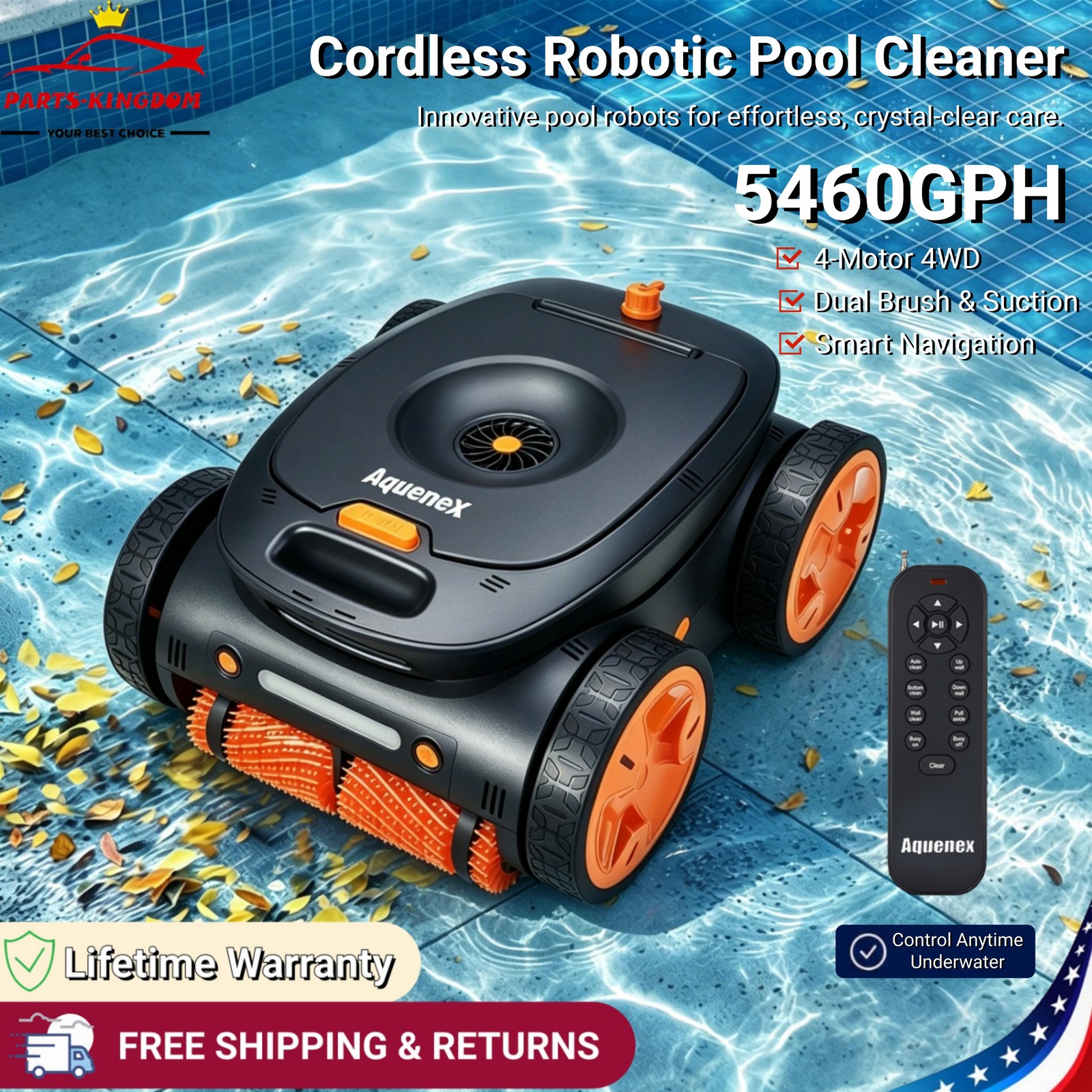 5460GPH Cordless Robotic Pool Cleaner, Dual Brush & Suction with Remote Control