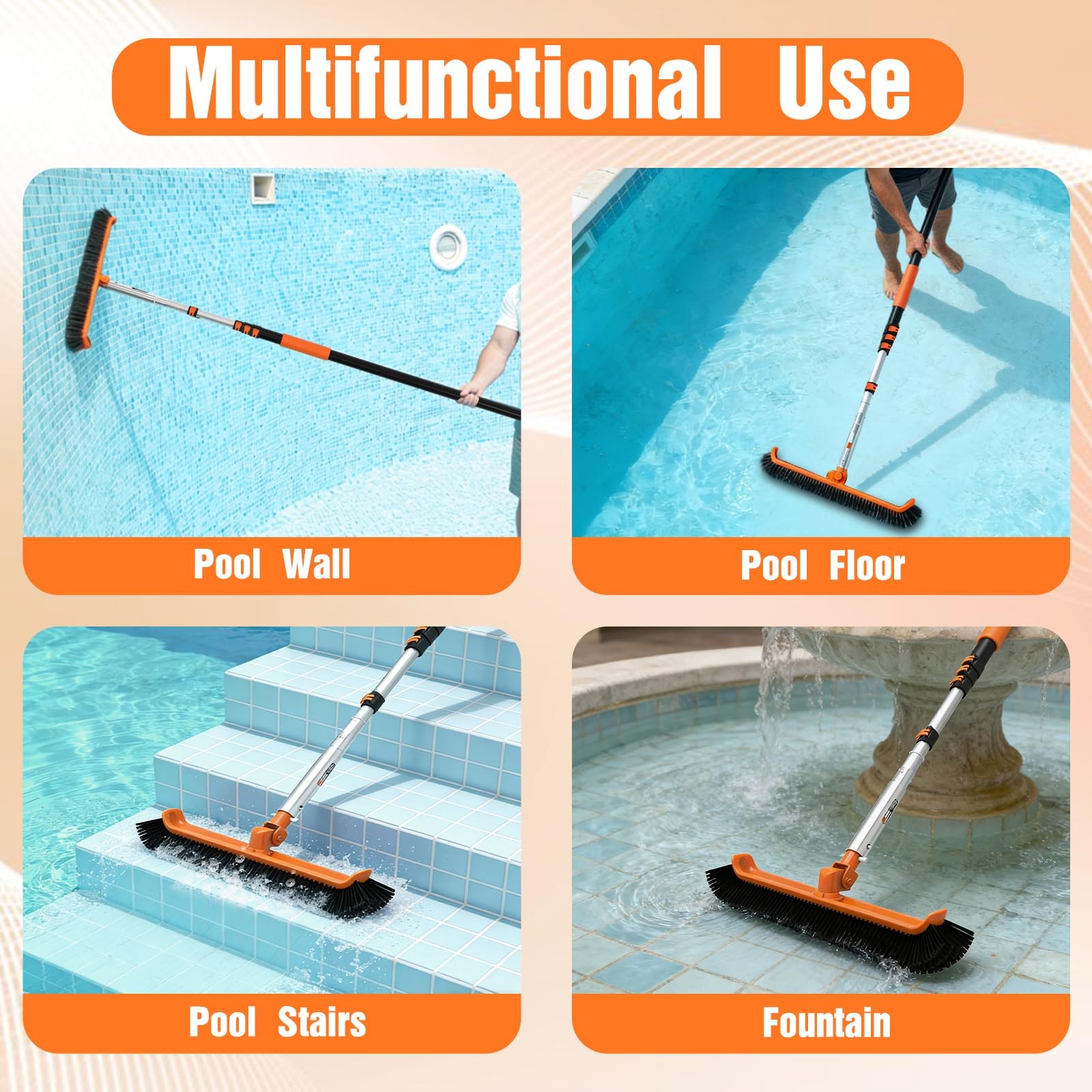 Pool Brush with Pole, 16FT Heavy Duty Telescopic Pool Pole with 18&Prime; Pool Brush,