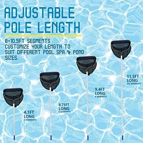 Pool Skimmer Net 17x16x17 Inch Fine Mesh Leaf Rake 3-10 ft Adjustable Aluminum