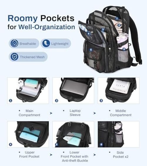 Mesh Backpack, 17in Heavy Duty See Through Backpack Ultra Black-17in
