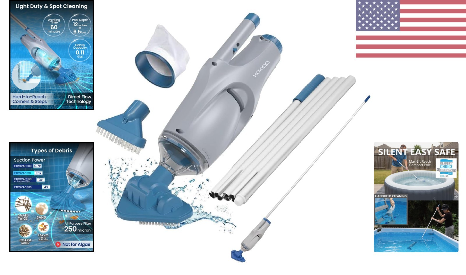 Rechargeable Cordless Pool Vacuum with Aluminum Pole & 2 Brush Heads – XV110
