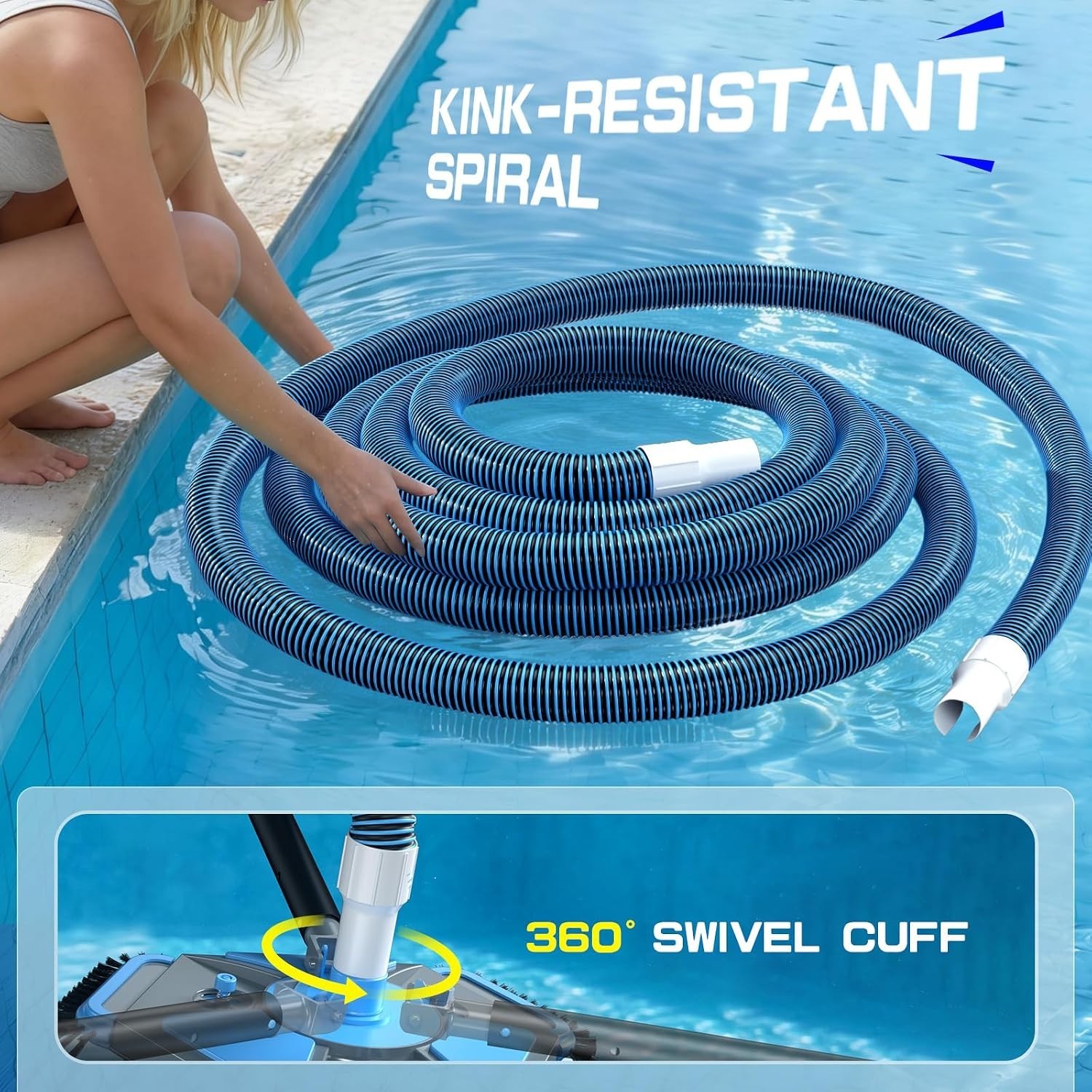 Complete Pool Cleaning Kit: 30ft Heavy Duty Hose & 360° Vacuum Head with Brushes