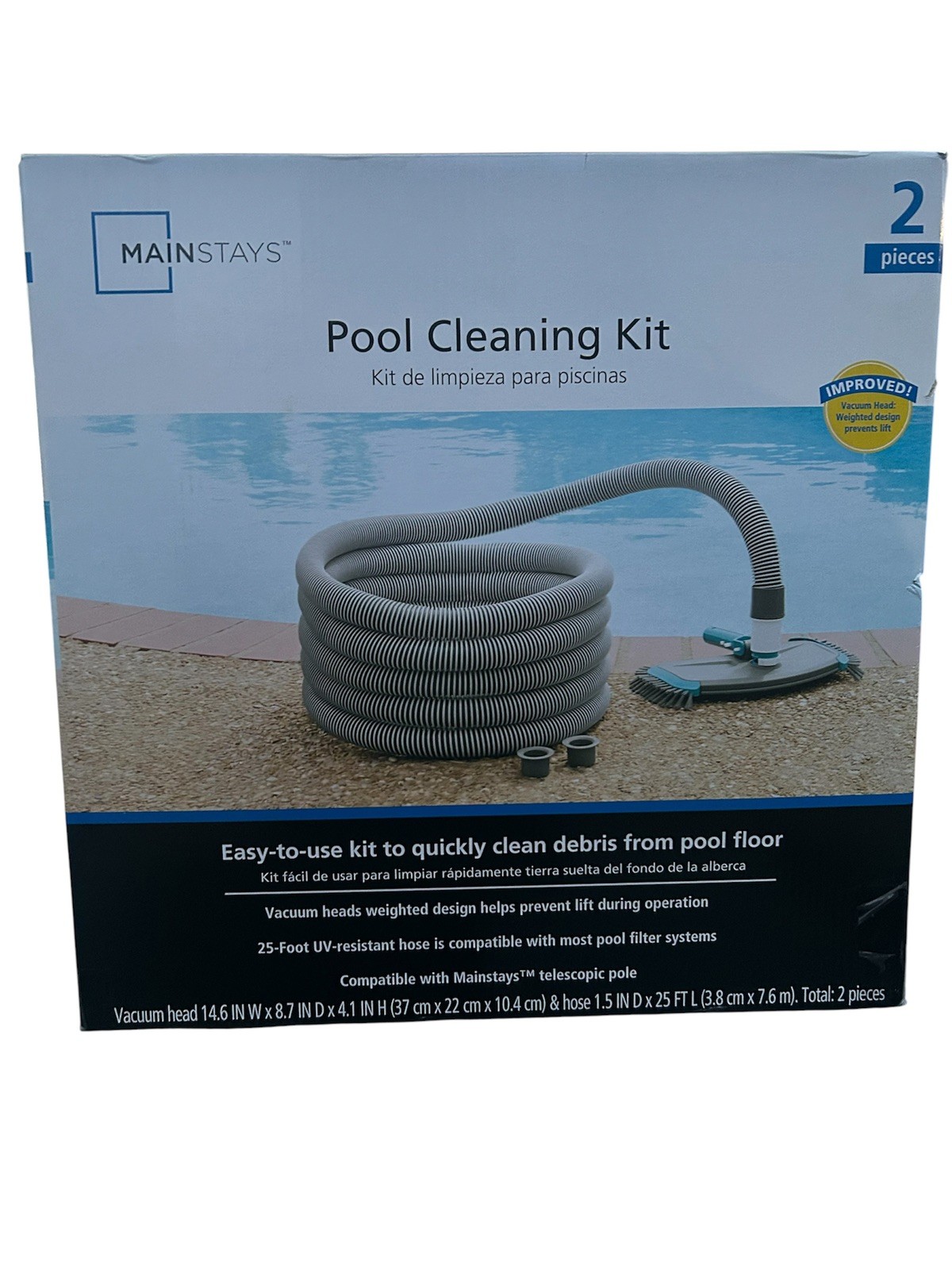Mainstays Pool Vacuum Kit 2-Piece 25ft UV-Resistant Hose+Swivel Head 1.25&Prime;/1.5&Prime;