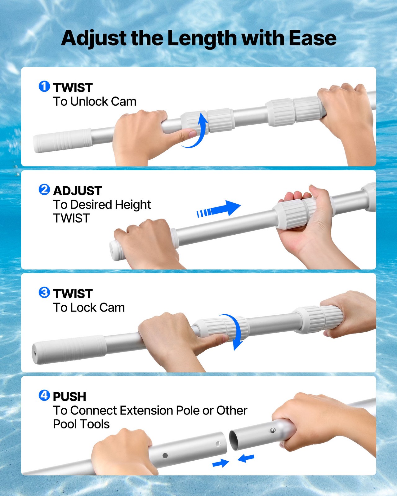 VEVOR Swimming Pool Pole 3.4 to 12 ft Telescopic Aluminum Alloy Twist Locking