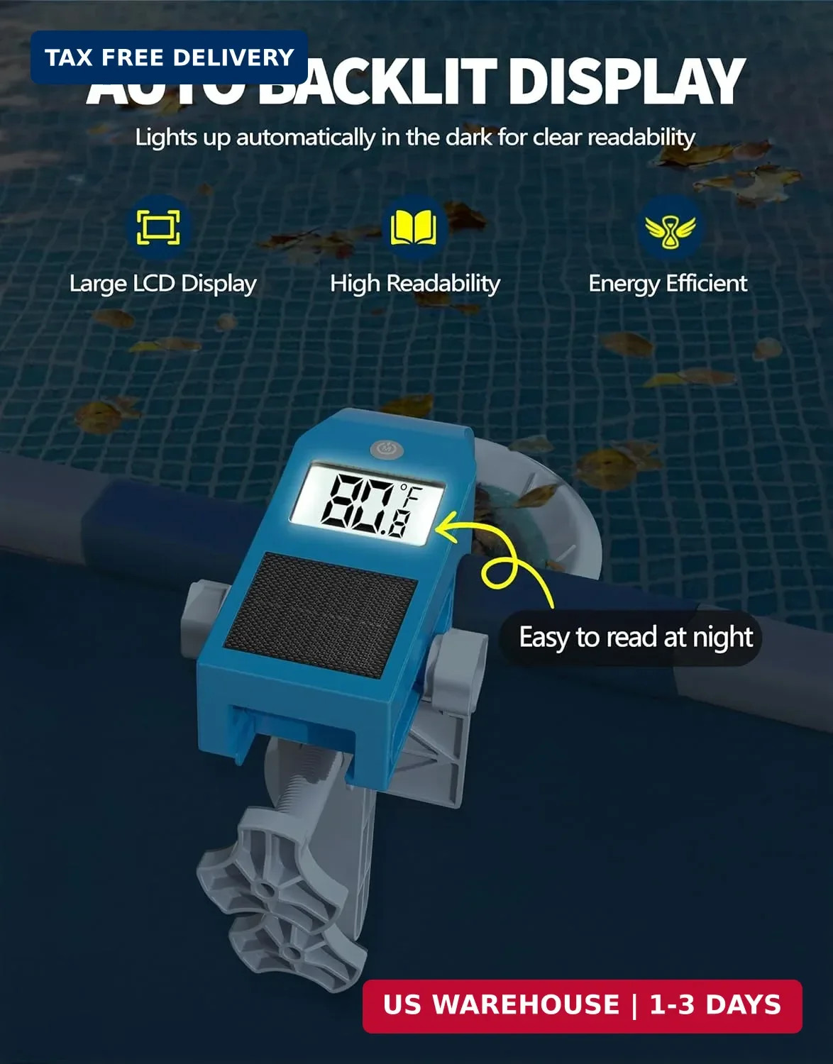 BluSwim Above Ground Pool Skimmer with Solar Digital Thermometer | Wall Mount Su