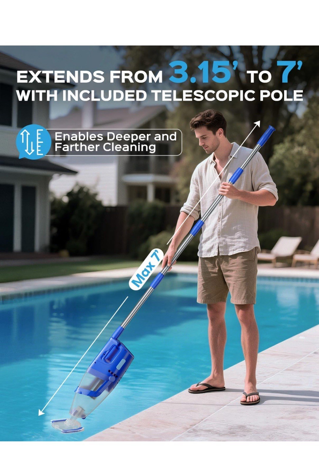 Cordless Pool Vacuum with Telescopic Pole, 18.5 GPM Powerful Suction – Deep Blue