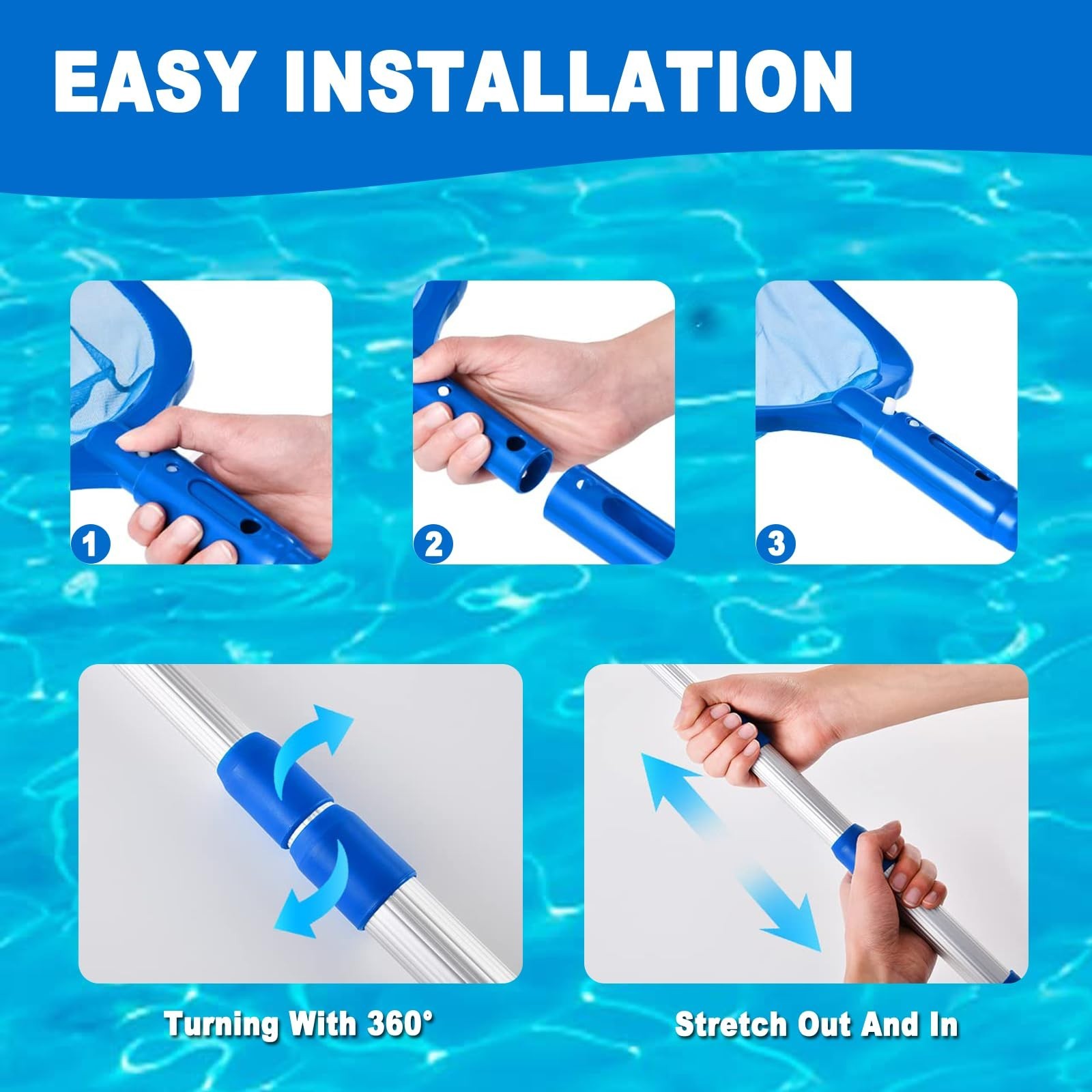 Swimming Pool Skimmer Net – 3 Section Telescopic Pole Fine Mesh Deepwater Net Cl