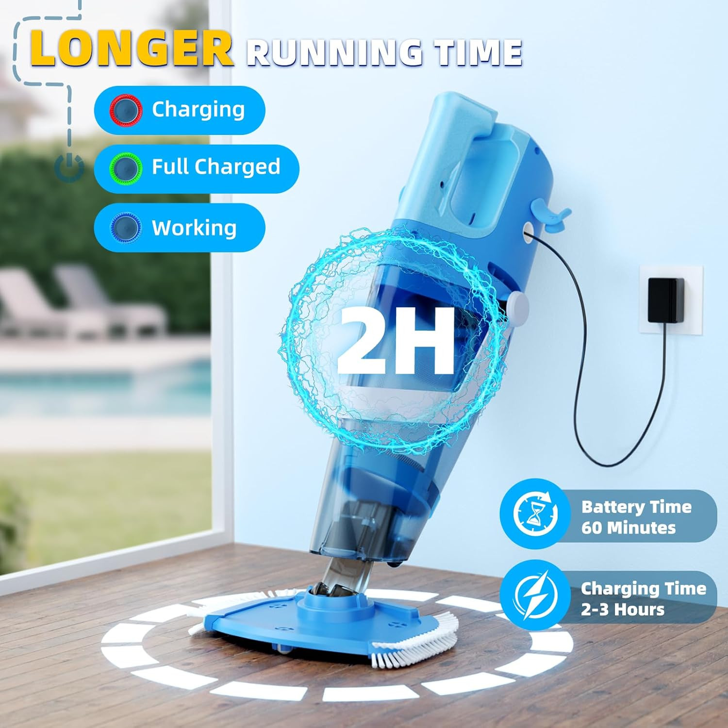 Cordless Pool Vacuum, 1950 GPH Powerful Suction, Handheld Pool Cleaner with Tele