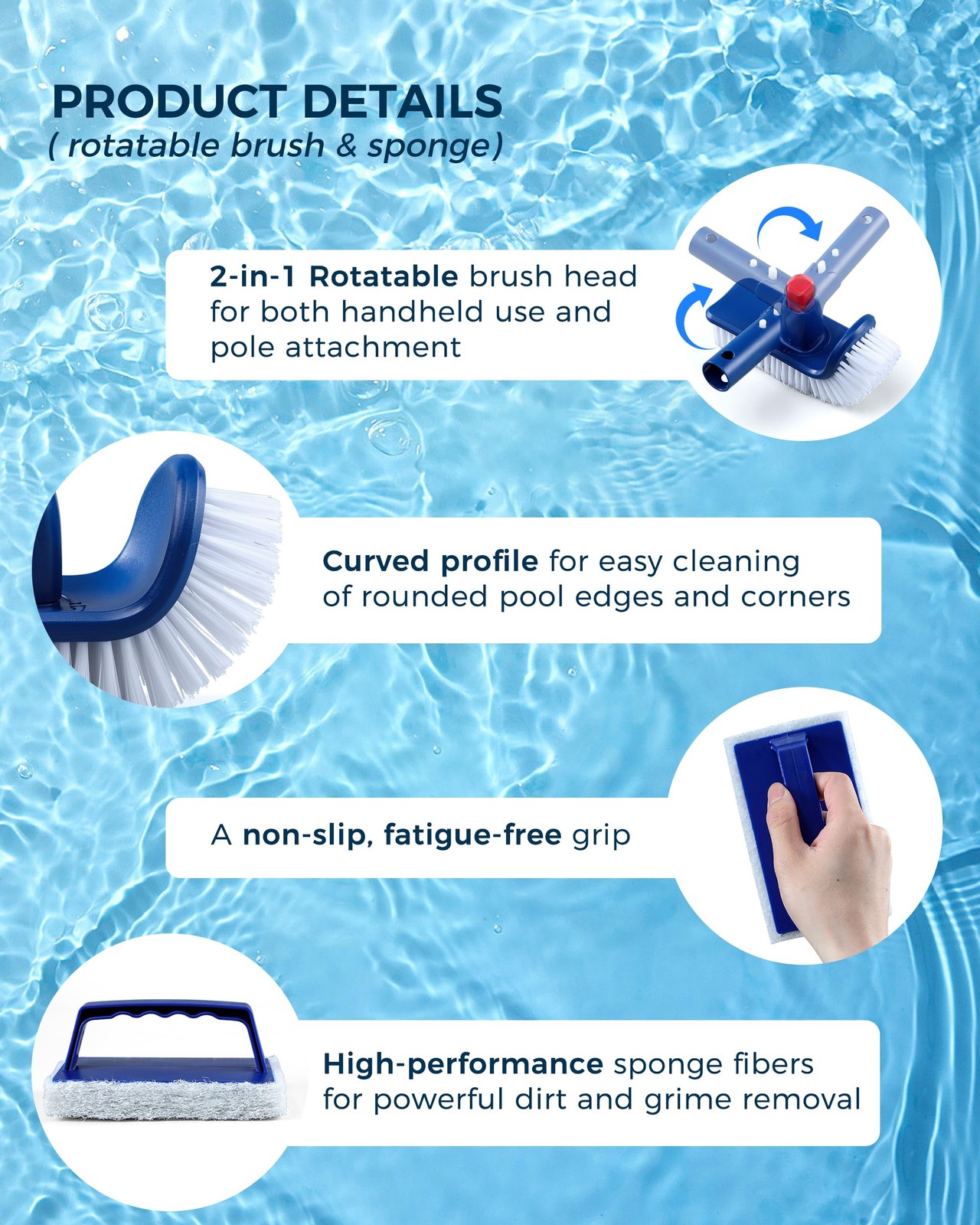 3-in-1 Full-Coverage Pool Brush Head Set – 17.5 inches, Blue, White, Grey