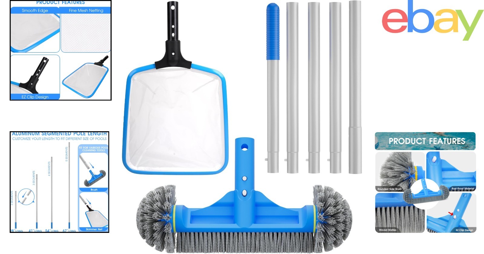 Above Ground Pool Cleaning Kit with Brush, Skimmer Net and Aluminum Pole