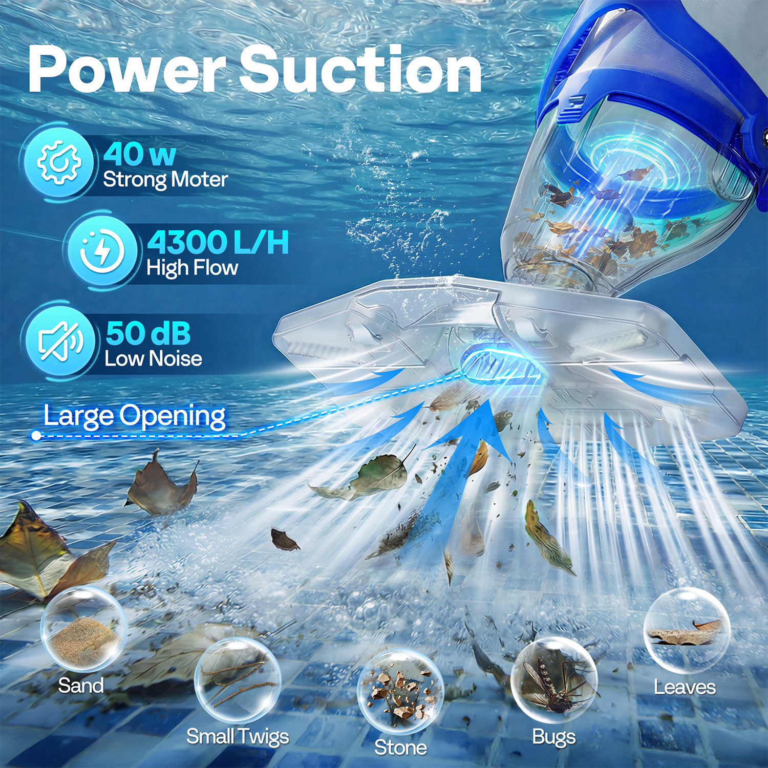 Cordless Pool Vacuum Cleaner 40W Quiet 19GPM 75min Battery 8.2FT Pole 2.6LFilter