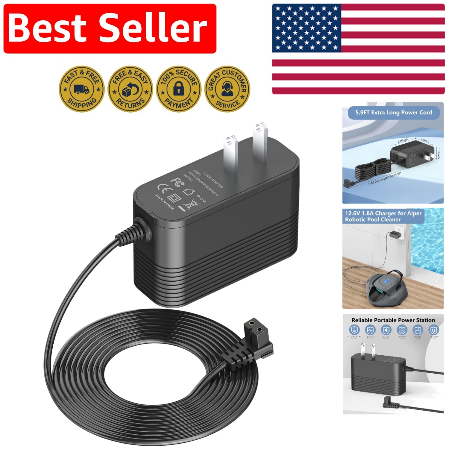 Fast Charging 12.6V 1.8A Aiper Pool Cleaner Charger with Intelligent Protection