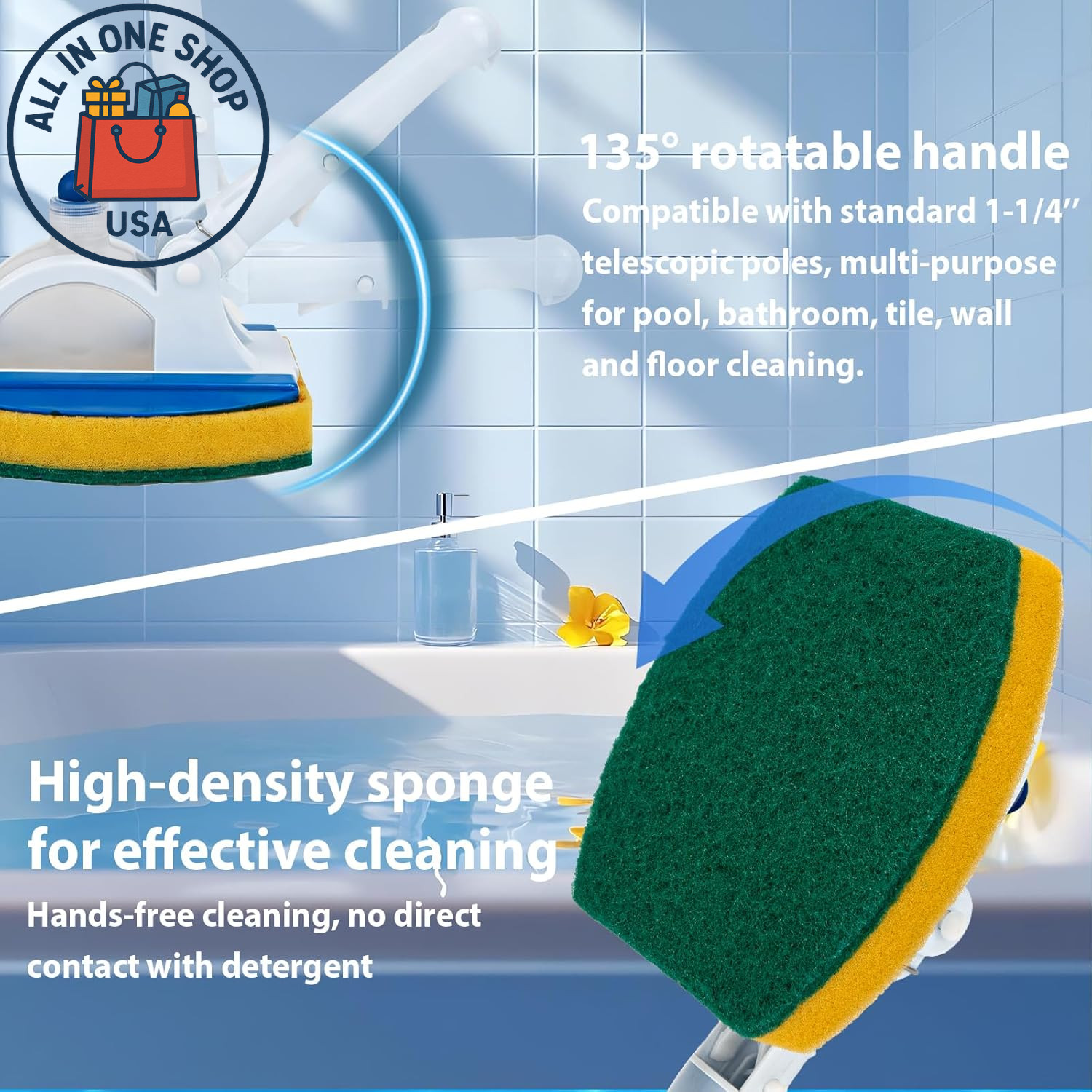 Handheld Pool Scrub Brush with Replacement Sponge Non-Scratch Tile Cleaner