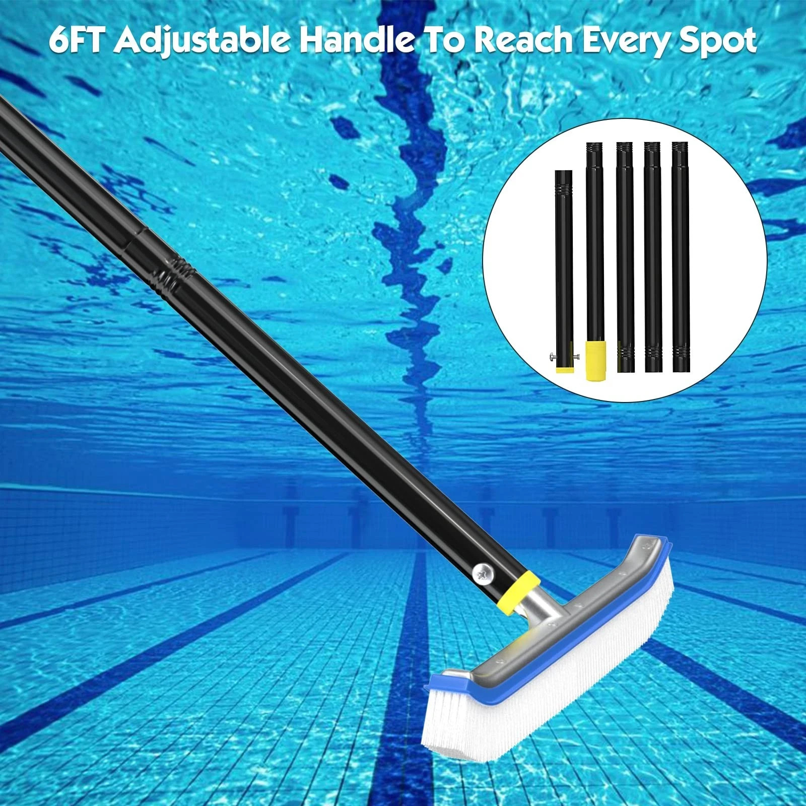 Swimming Pool Brush with Pole 6FT 18&Prime;Swimming Head Nylon Bristles Aluminum Back