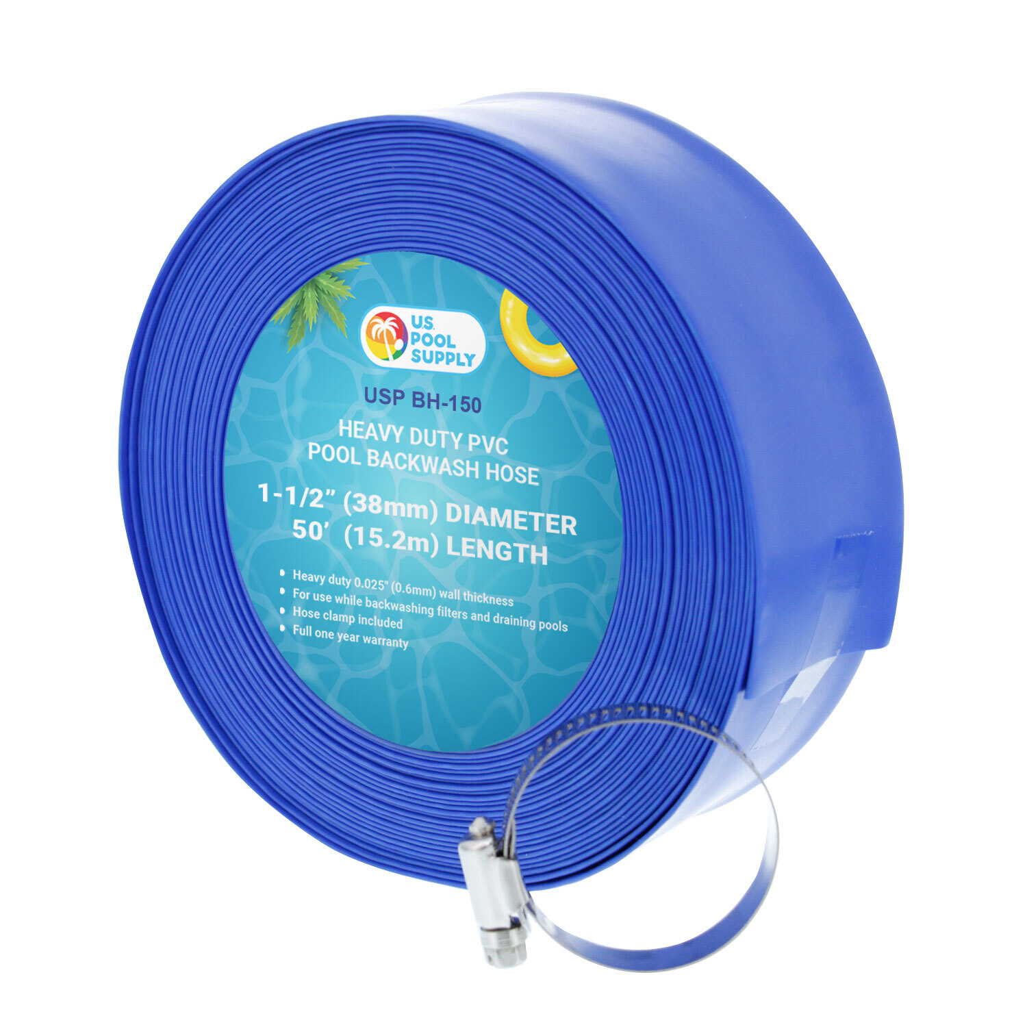 1-1/2&Prime; x 50&prime; Heavy Duty Blue Swimming Pool Backwash Hose & Clamp, Discharge