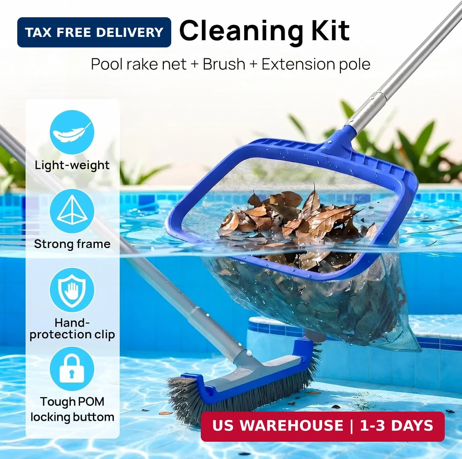 Consciot 3-in-1 Pool Cleaning Kit Includes Leaf Rake Net, Wall Brush & Pole | Da