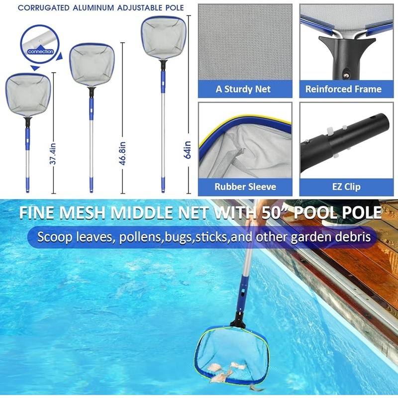 Pool Maintenance Set W/ Brush Skimmer Net Adjustable Aluminum Pole Cleaning New