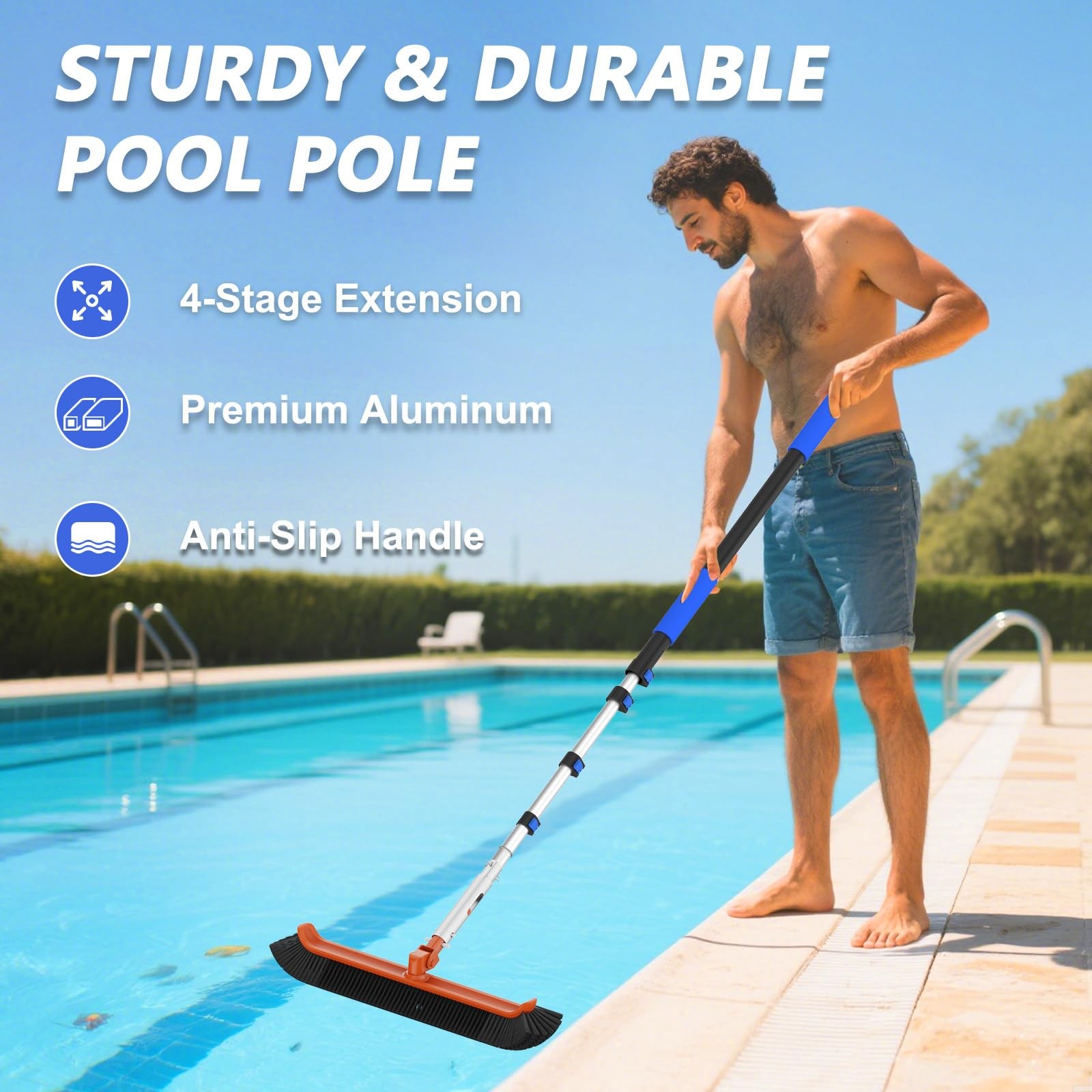 16FT Telescopic Swimming Pool Pole with 19&Prime; Brush Head for Skimmer & Vacuum