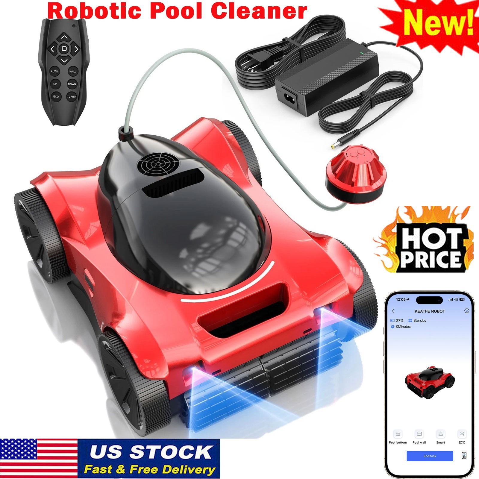 New 22V 10400mAh Cordless Robotic Pool Cleaner Wall Climbing 300W 600m² Coverage