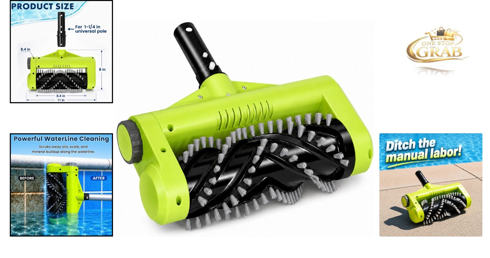 Electric Pool Brush Head Cordless Motorized Waterline Wall Cleaner Green
