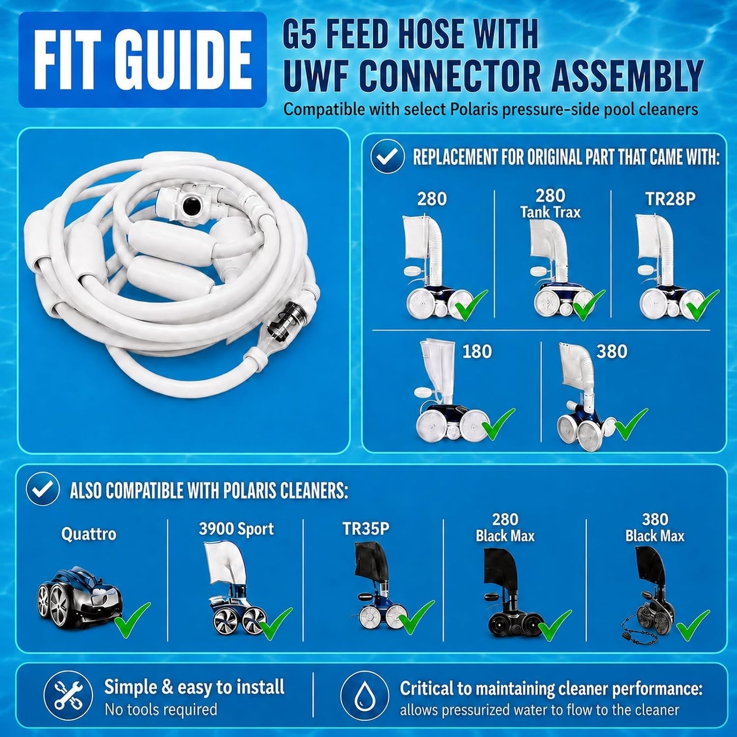 Upgraded G5 Pool Cleaner Feed Hose Replacemen For Polaris 280 380 Sport 4896