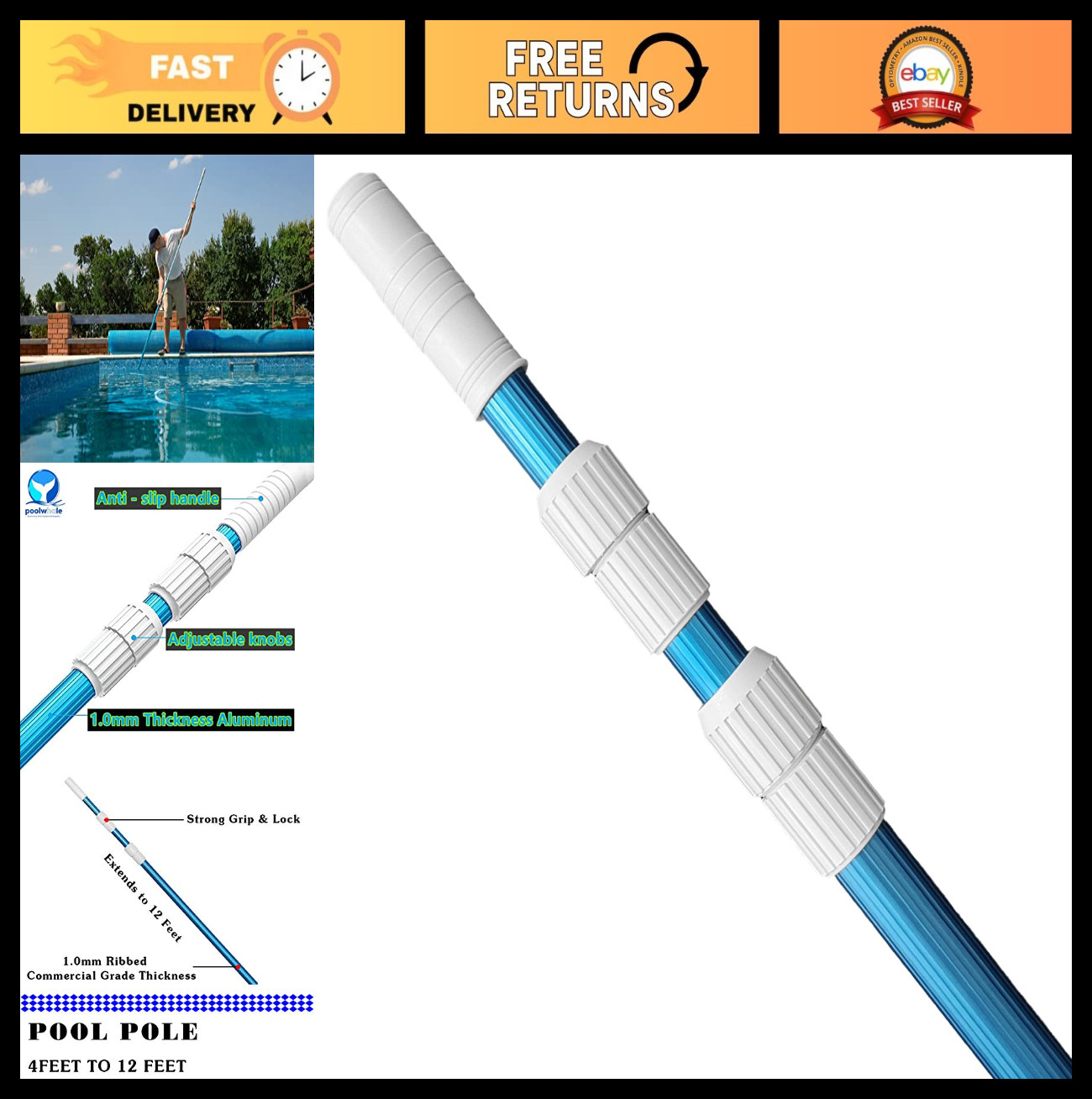 12FT Telescopic Swimming Pool Pole – Adjustable Aluminum, Strong Grip for Skimme