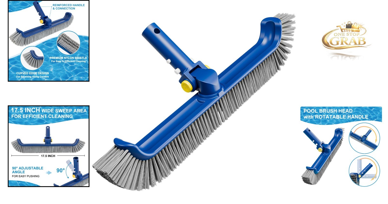 Heavy-Duty 17.5&Prime; Pool Brush with Rotatable Handle for Inground & Vinyl Pools