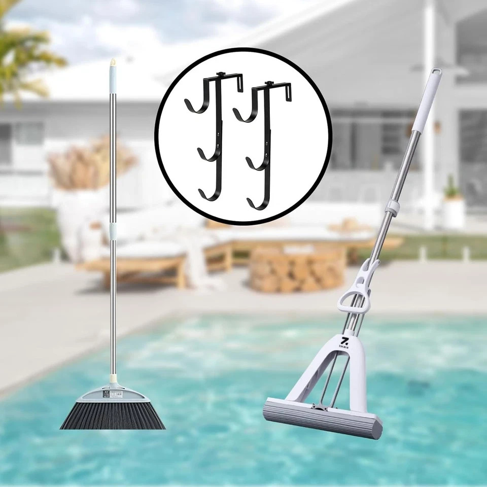 2Pcs Black Pool Pole Hangers, Adjustable Heavy Duty Swimming Pool Fence Hooks