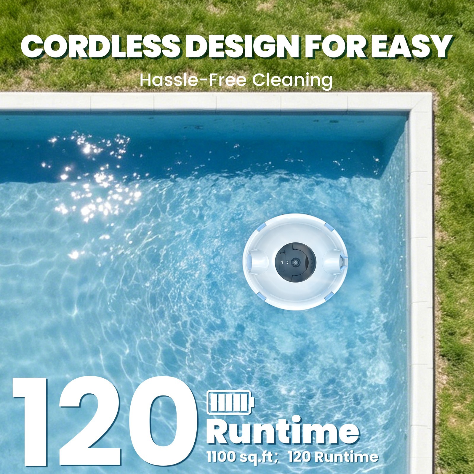INSE Cordless Robotic Pool Cleaner, 120Mins Long Runtime, IPX8 Waterproof, Smart