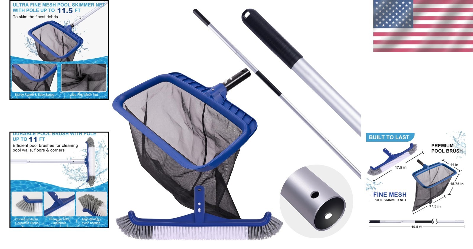Efficient Pool Cleaning Kit: 17.5 » Brush, Ultra Fine Skimmer Net & 10.5ft Pole