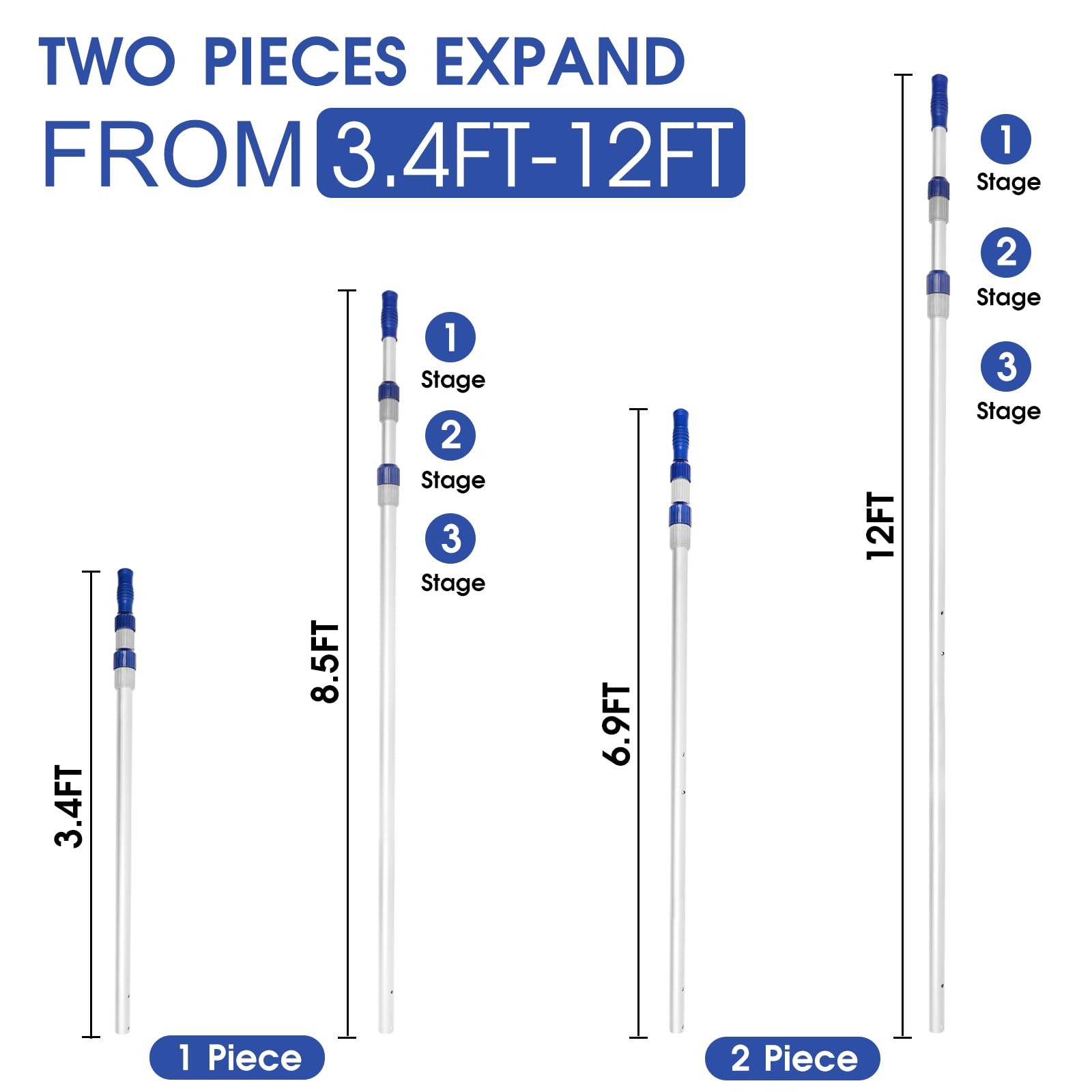 12 FT Telescopic Pool Pole – Adjustable Aluminum for Cleaning Skimmer Nets,