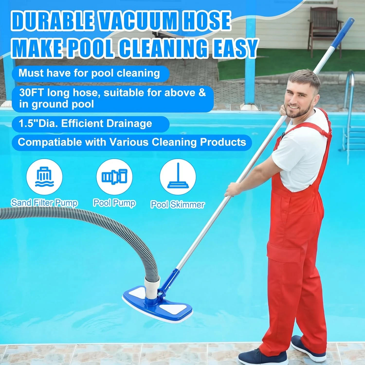 4 Pcs Swimming Pool Vacuum Kits 11.8&Prime; Vacuum Head with 1-1/2&Prime; X 29.5 Ft Hoses, 1