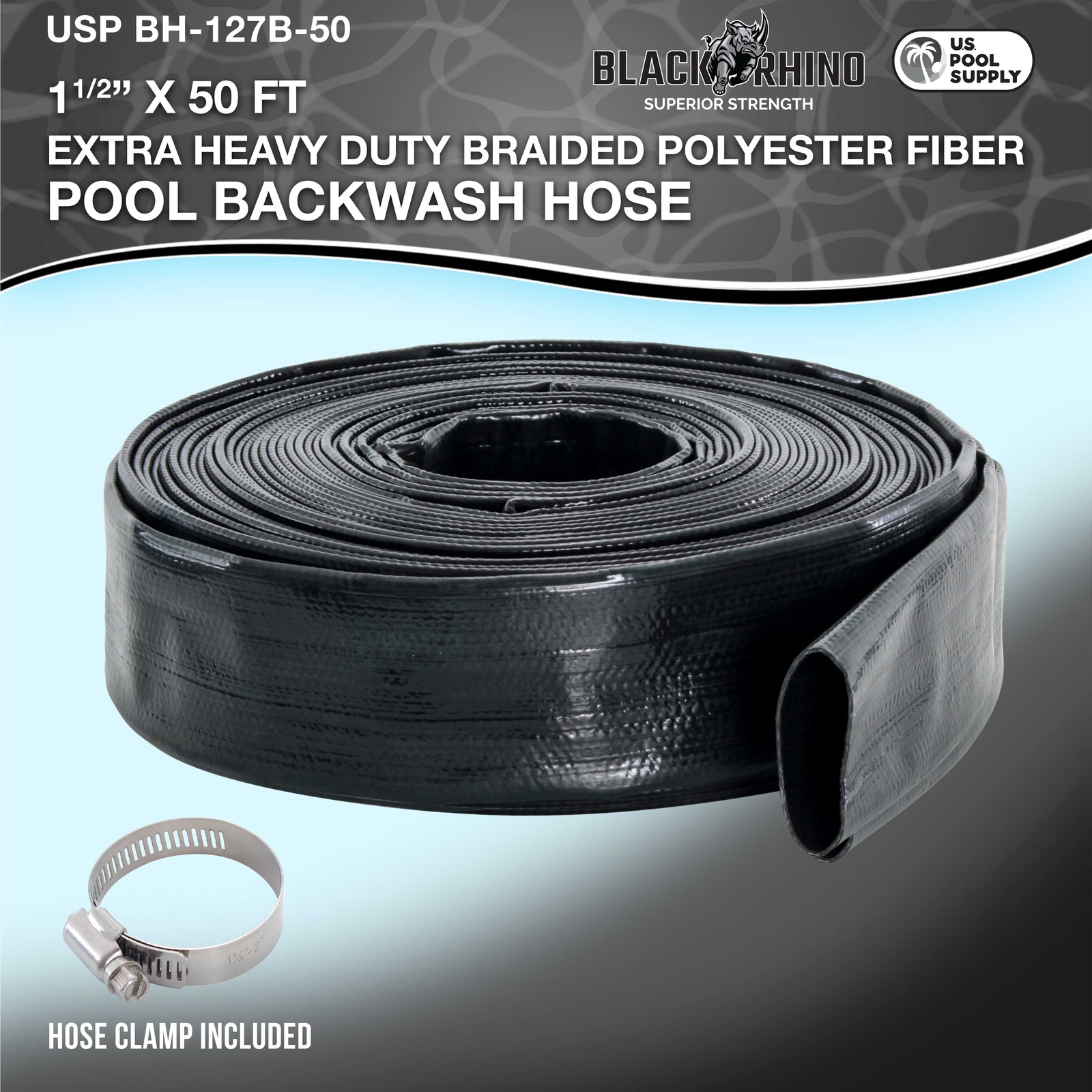 U.S. Pool Supply Black Rhino 1-1/2&Prime; x 50&prime; Pool Backwash Hose with Hose Clamp
