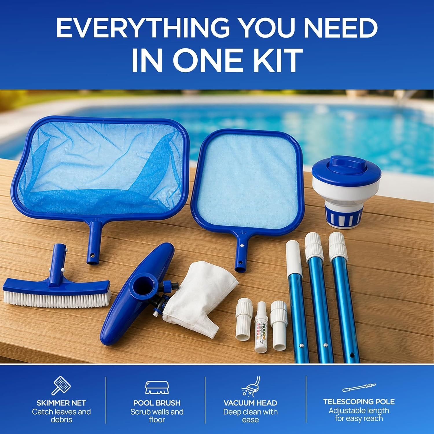Lightweight Pool Maintenance Set – Telescoping Pole, Skimmer
