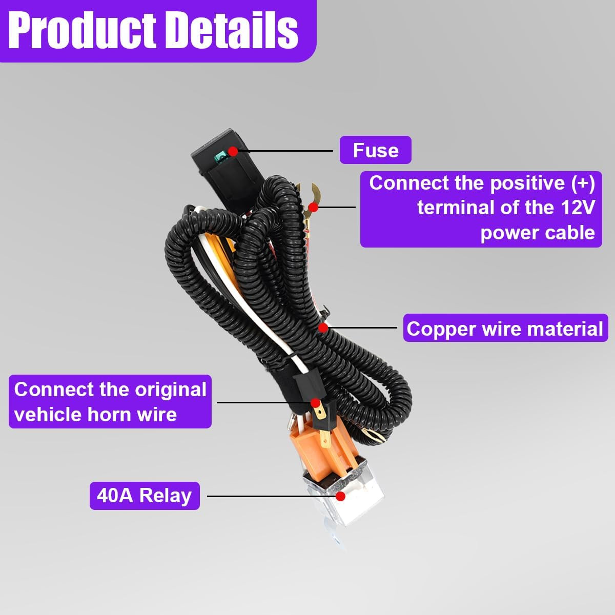 Car Horn Relay Wiring Harness Kit, 12V 40A 4Pin SPST Double Horn Splitter Conver