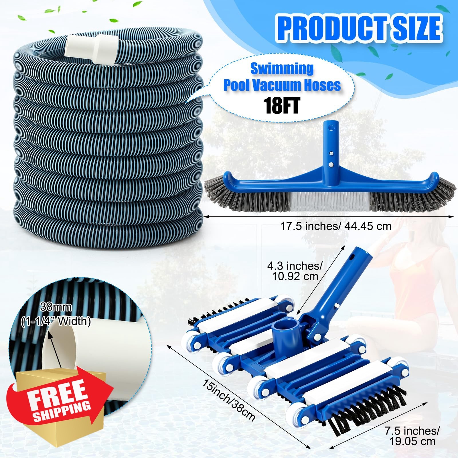 Innconee 3 Pcs Pool Cleaning Kit Swimming Pool Vacuum Head Hoses 1-1/2&Prime; x 30f…
