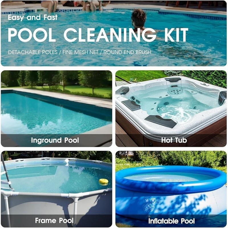 Pool Cleaning Kit Sets Net Brush Pole Above in-Ground Pools Hot Tubs Spas Home