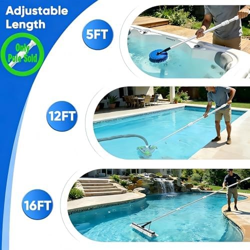 Pool Pole Telescopic, 16 FT Pool Skimmer Pole, Adjustable 3 Piece Aluminum Po…