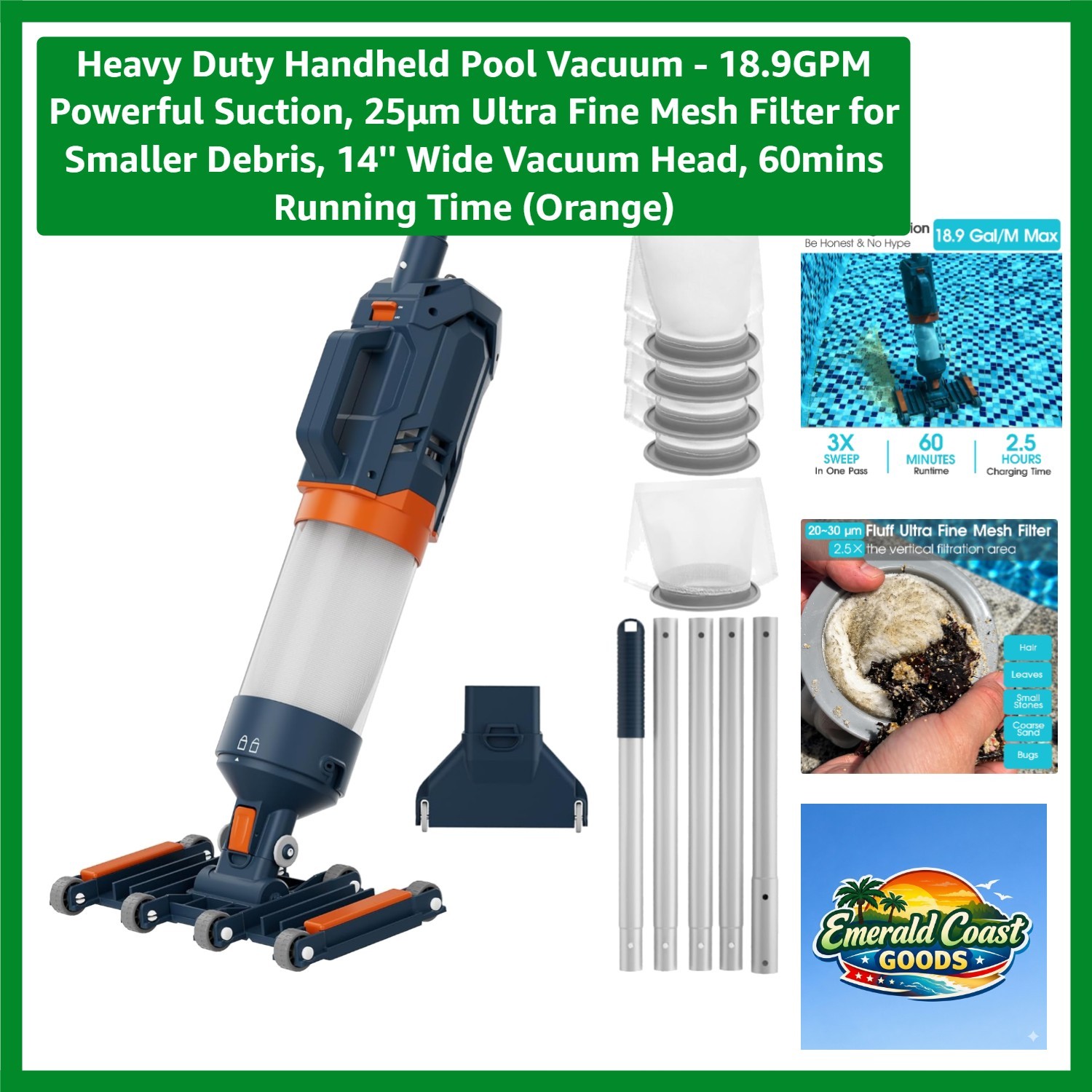 Efficient Heavy Duty Handheld Pool Vacuum – 2 Lithium-Ion Batteries Included